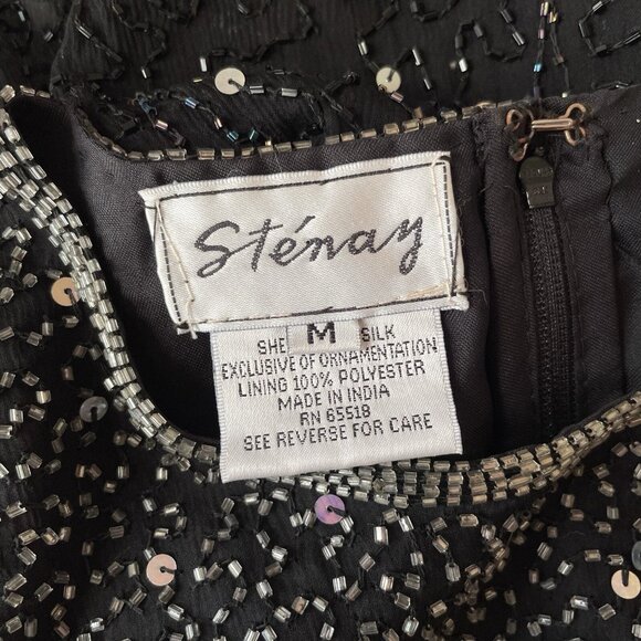 Vtg Stenay Silk Sequined Beaded Sheer Sleeve Evening Top Black Silver Size M - Picture 5 of 6